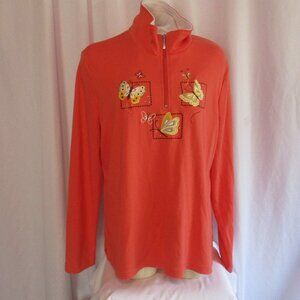 Breckenridge Pullover XL Orange Quarter Zip Butterflies Embroidered Top